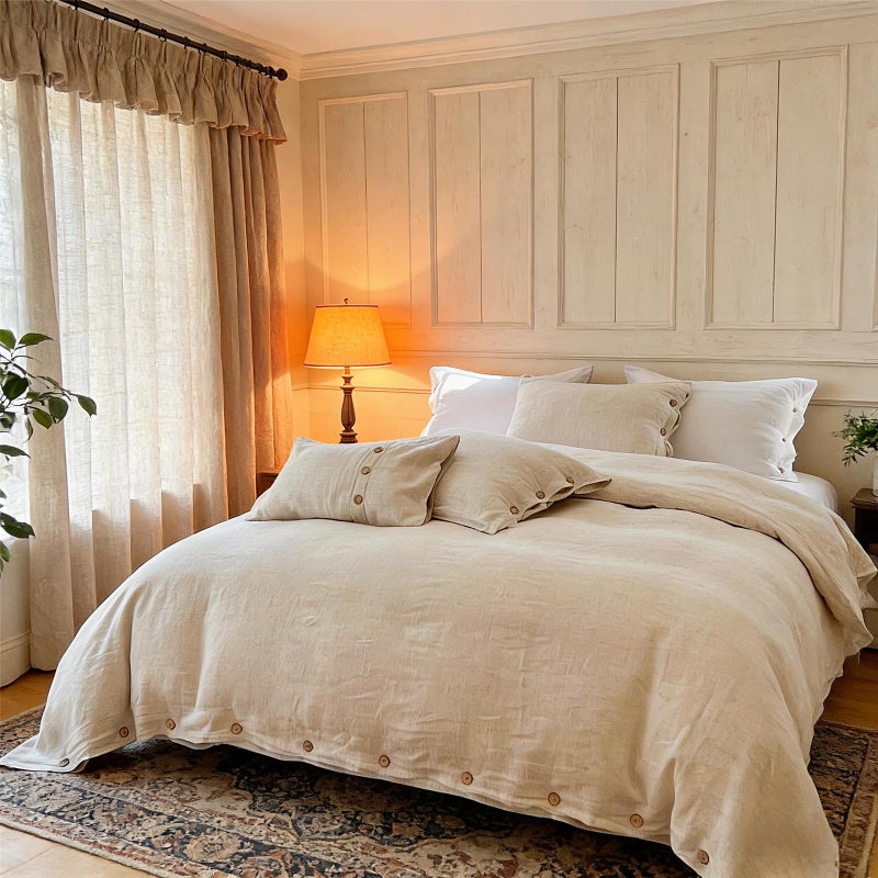 Simple&Opulence 100% Linen Duvet Cover Set 3pcs with Coconut Button Closure Natural French Washed Flax Solid Color Soft Breathable Farmhouse Bedding - Linen, Full Size - Image 1
